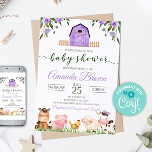 Bearbeitbare Lila Bauernhof Baby-Dusche-Einladung Lila Bauernhof Baby-Dusche-Einladung Mädchen Lila Barnyard Baby-Dusche-Einladungen 0106
