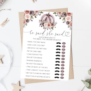 Autumn Pumpkin He Said She Said Bridal Shower Game Fall in Love Pumpkin Bridal Shower Game Fall Pumpkin Shower Game 0176