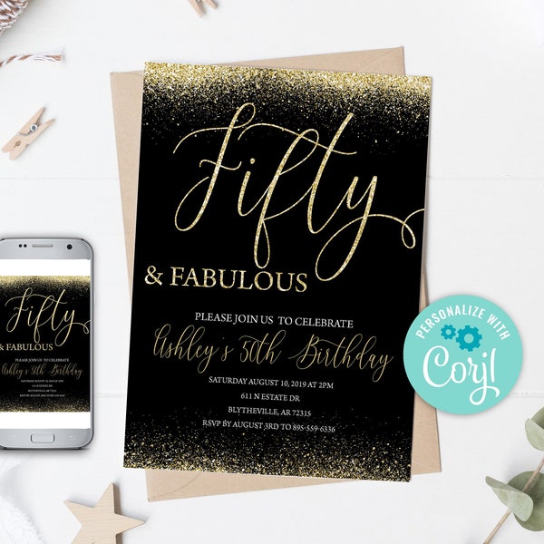 50th Birthday Invitation Fifty and Fabulous Adult Birthday Instant Download Gold Black Birthday Invitation Fifty Birthday Invitation 0171