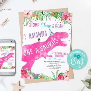 EDITABLE One-A-Saurus Dinosaur Birthday Invitation Pink Dino T-Rex Invitation Girl Dino Birthday invite Pink Dinosaur Party Invitation 0237