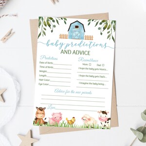 BEWERKBARE boerderij voorspellingen en advies sjabloon blauwe boerderij baby voorspelling kaarten advies voor mama en papa spelkaart voorspelling sjabloon 0227