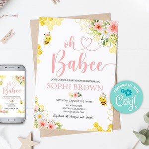 EDITABLE Bee Baby Shower Invitation Mommy To Bee Pink Floral Bee Baby Shower Invitation Summer Honey Bee Baby Shower BaBee Shower 0148