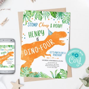 EDITABLE Dino-Four Dinosaur Birthday Invitation Boy Dino T-Rex Invitation Fourth Birthday Dino Invite Orange Dinosaur Party Invitation 0109