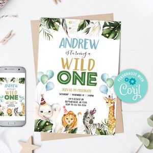 EDITABLE Wild One Birthday Invitation, Safari Party Invitation, Jungle WILD One Animal invitations, Safari Animals Birthday Invitation 0130