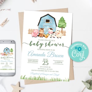 Editable Farm Baby Shower Invitation Blue Farm Animals Baby Shower Invite Boy Barnyard Baby Shower Blue Boy Farm Invitations 0227