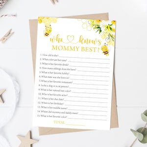 Bee Who Knows Mommy Best Game Honey Bee Game Mom to Bee Baby Shower Sweet As Can Bee Bumble Bee Baby Shower Game 0148