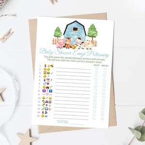 Farm Emoji Pictionary Baby Shower Game Farm Animals Emoji Baby Shower Game Blue Barnyard Baby Shower Blue Farm Baby Shower Emoji Game 0227