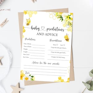 BEWERKBARE Bijenvoorspellingen en adviessjabloon Honingbijthema Babyvoorspellingskaarten Advies voor mama en papa Spelkaartvoorspellingssjabloon 0148