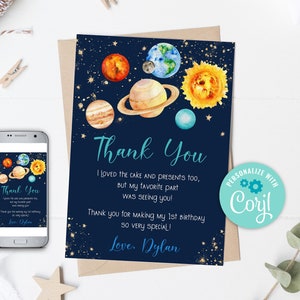 Editable Outer Space Thank You Card Out Of This World Birthday Party Thank You Galaxy Moon Planets Thank You Card Trip Around the Sun 0142