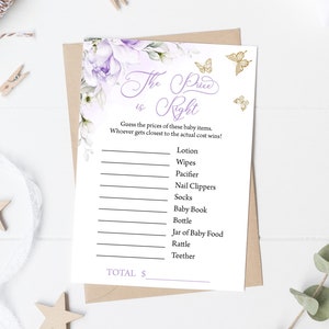Butterfly The Price Is Right Baby Shower Game Purple Floral Butterfly Baby Shower Game Lavender Gold Butterfly Baby Shower Game 0164
