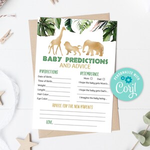 Modèle de prédictions et de conseils d'animaux sauvages modifiables Cartes de prédiction pour bébé Safari Conseils pour maman et papa Modèle de prédiction de carte de jeu 0101
