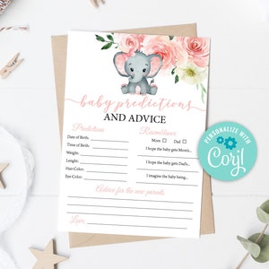 MODIFIABLE Girl Elephant Predictions and Advice Template Cartes de prédiction de bébé rose Conseils pour maman et papa Modèle de prédiction de carte de jeu 0167
