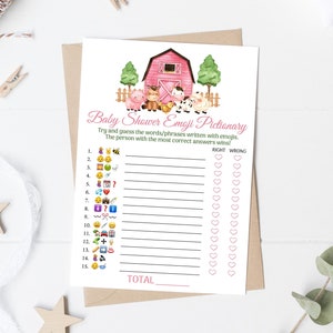Farm Emoji Pictionary Baby Shower Game Farm Animals Emoji Baby Shower Game Pink Barnyard Baby Shower Pink Farm Baby Shower Emoji Game 0106