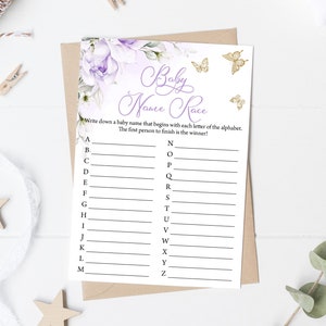 Butterfly Baby Name Race Baby Shower Game Purple Floral Butterfly Baby Name Race Game Lilac Gold Butterfly Baby Shower Baby Name Game 0164