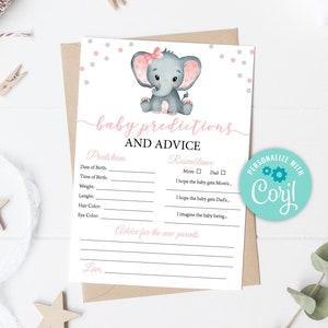 MODIFIABLE Fille Éléphant Prédictions et Conseils Modèle Rose Bébé Cartes De Prédiction Conseils Pour Maman Et Papa Jeu Carte Prédiction Modèle 0166