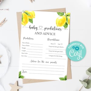 BEWERKBARE citroenvoorspellingen en adviessjabloon Citroenthema Babyvoorspellingskaarten Advies voor mama en papa Spelkaartvoorspellingssjabloon 0121