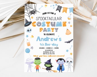 May include: A Halloween-themed invitation with the text "Join us for a Spooktacular Costume Party". The invitation features illustrations of a spiderweb, a witch's hat, a skull, a pumpkin, and other Halloween-related graphics. The invitation is for Andrew's 4th Boo-day.