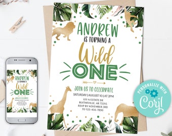 Editable Wild One Birthday Invitation, Safari Jungle Animals (0101)