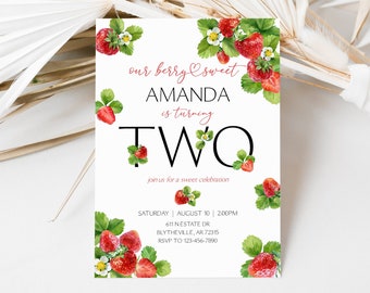 Editable Strawberry 2nd Birthday Invitation (Digital Download)