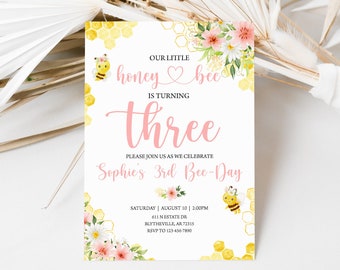 Editable 3rd Bee Birthday Invitation Bumble Bee Birthday Party 3rd Bee Day Honey Bee Birthday Invite Bee Invitation Sweet to Bee Three 0148