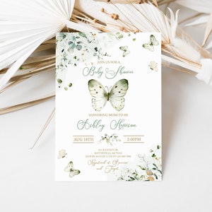 Bewerkbare salie groene vlinder baby shower uitnodiging groen vlinder kussen en baby wensen baby shower strooi uitnodiging 0174