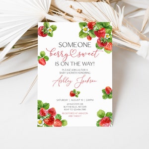 Editable Strawberry Baby Shower Invitation Berry Sweet Baby Shower Invitation Red Strawberry Baby Shower Invite 0172