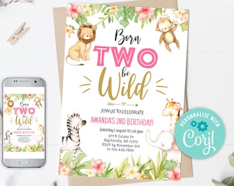 Editable Two Wild Birthday Invitation, Girl Safari Party (Digital Download)