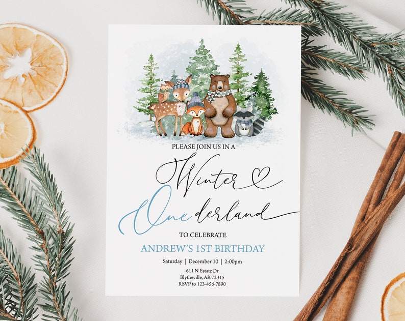 Editable Woodland Winter Onederland Birthday Invitation Winter Woodland Animals Birthday Invitation Winter Wonderland