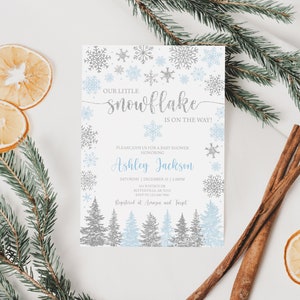 Editable Snowflake Baby Shower Invitation A Little Snowflake is on the Way Invitation Boy Winter Wonderland Baby Shower Invitation 0188