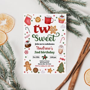 Editable Christmas Birthday Party Invitation Two Sweet Christmas 2nd Birthday Invitation Holiday Cookie Party Christmas Cookie Birthday 0213