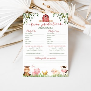EDITABLE Plantilla de consejos y predicciones de Farm Twin Tarjetas de predicción de bebés Red Farm Consejos para mamá y papá Plantilla de predicción de tarjetas de juego 0106