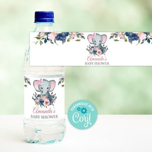 Editable fille éléphant bouteille étiquette éléphant bébé douche bouteille étiquette imprimable rose et bleu éléphant bébé douche eau étiquette 0168