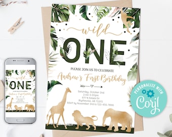EDITABLE Safari Party Invitation, Wild One Birthday Invitation, Jungle WILD One Animal invitations, Gold Jungle Birthday Invitation, 0101