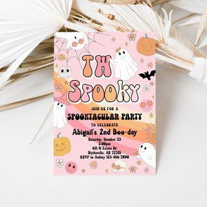 Editable Two Spooky Halloween Birthday Invitation Pink Retro Groovy Rainbow Ghost Birthday Spooktacular Hippie Halloween Party Invite 0178