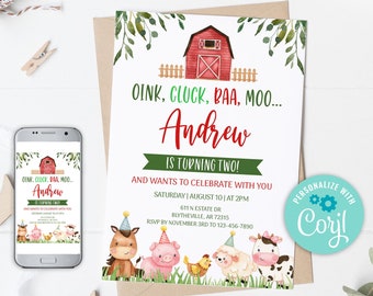 Può includere: Un invito stampabile per una festa di compleanno a tema fattoria presenta un fienile rosso con una X bianca sulla porta, circondato da foglie verdi. L'invito dice "Oink, Cluck, BAA, Moo... Andrew compie due anni!" e include i dettagli per la festa, come la data, l'ora e le informazioni RSVP. L'invito è personalizzato con il nome "Coril".