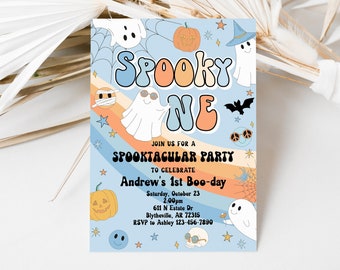 May include: A Halloween-themed invitation with the words "Spooky One" in orange and blue. The invitation includes ghosts, pumpkins, stars, and the text "Spooktacular Party" to celebrate a first birthday.