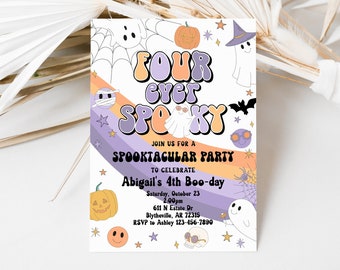 Editable Four Ever Spooky Halloween Ghost Invitation Purple Retro Groovy Rainbow Ghost Birthday Spooktacular Hippie Halloween Party 0179