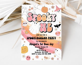 Spöklik födelsedagsinbjudan, retro groovy Halloweenfest (redigerbar)