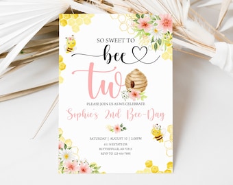 Editable 2nd Birthday Bee Invitation, Sweet to Bee (Digital)