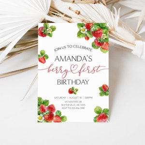 Editable Strawberry 1st Birthday Invitation 1st Berry Sweet Strawberry Birthday Invitation Berry First Birthday Invitation 0172
