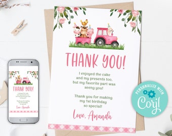 Editable Farm Thank You Card, Pink Farm Birthday Party Thank You, Farm Animals Thank You Card, Girl Farm Birthday Party Farm Tractor 0106