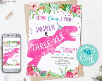 EDITABLE Three-Rex Dinosaur Birthday Invitation Girl Dino T-Rex Invitation Third Birthday Dino Invite Pink Dinosaur Party Invitation 0237