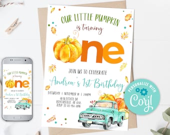 EDITABLE PumpkinTruck First Birthday Invitation. Little pumpkin Invitations. Fall 1st Birthday Invitation. Autumn Birthday Invitation 0126