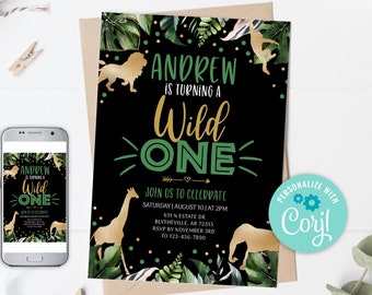 Wild One Safari Birthday Invitation, Jungle Animals (Editable Template)