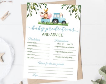 Jeu de baby shower sur le thème des tracteurs de ferme : Carte de prédictions et de conseils (Modèle modifiable)