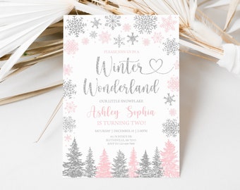 Editable Winter Wonderland Birthday Invitation Pink Snowflakes Birthday Invitation Winter Wonderland Girl Snowflake Birthday Invitation 0187