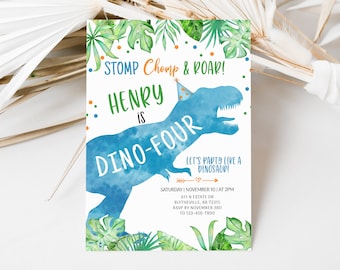 May include: A blue dinosaur silhouette with a party hat on its head. The text "STOMP Chomp & ROAR! HENRY is DINO-FOUR" is written on the invitation. The invitation also includes the text "LET'S PARTY LIKE A DINOSAUR!" and details for a birthday party.
