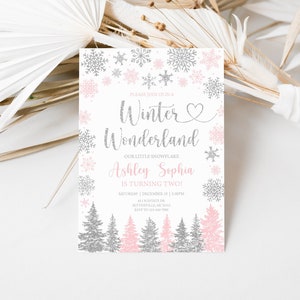 Editable Winter Wonderland Birthday Invitation Pink Snowflakes Birthday Invitation Winter Wonderland Girl Snowflake Birthday Invitation 0187
