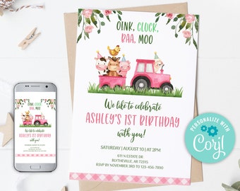 Editable Pink Farm Animals Birthday Invitation (Digital)
