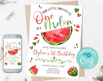 Editable Watermelon Birthday Invitation One in a Melon 1st Birthday Invitation Red Watermelon Invitation One in a Melon Invitation 0118